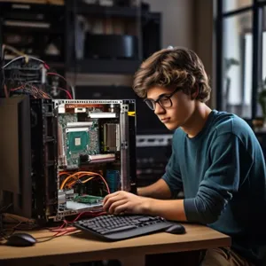 a young man assembling a computer with high bandwidth