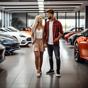 a young couple having a good credit score at the car dealer looking for a sport car