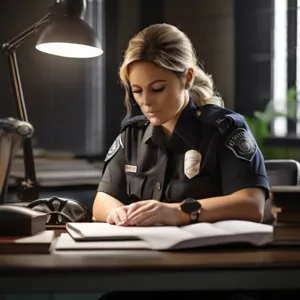 a female police officer having a criminology degree reading report at her desk