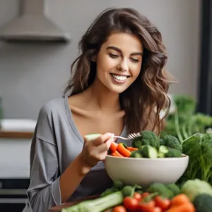 a younng and slim woman eating vegetables to increase her gut health