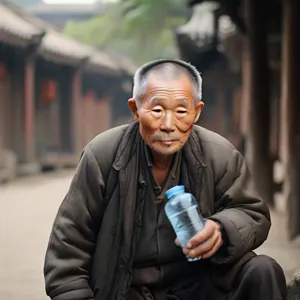 an older chinese man drinking water