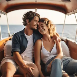 a young couple with a good quality of life, relaxing on a boat